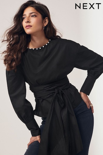 Black Long Sleeve Wrap Pearl Detail Shirt (N59842) | £42