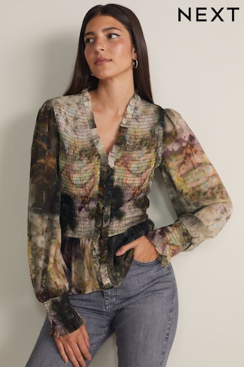 Multi Abstract Print Shirred Body V-Neck Long Sleeve Blouse (N59847) | £36