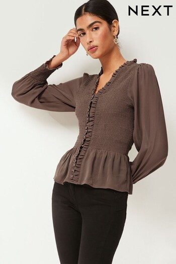 Brown Shirred Body V-Neck Long Sleeve Blouse (N59848) | £34