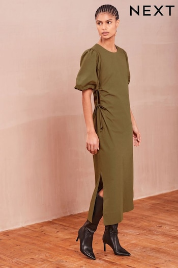 Khaki Green Ruched Side Puff Sleeve Midi Dress (N59873) | £38
