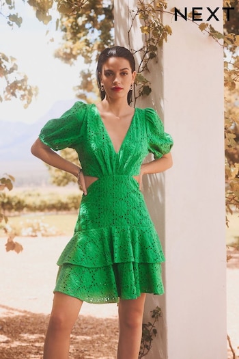 Green Crochet Volume Short Sleeve Cut-Out Mini Dress (N59874) | £76