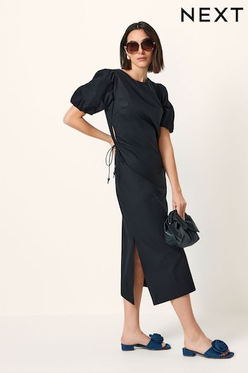 Black Ruched Side Puff Sleeve Midi Dress (N59879) | £38