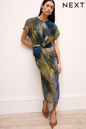 Blue Blur Print Twist Waist Short Sleeve Midi Dress (N59883) | £44
