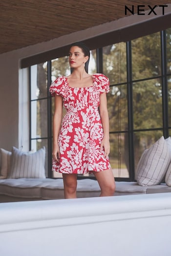 Red/White Printed Mini Puff Sleeve Ruched Front Dress (N59899) | £38