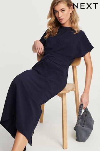 Navy Blue Twist Waist Short Sleeve Midi Dress (N59901) | £42