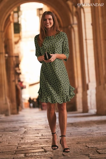 Sosandar Green Spot Print Ruffle Hem Shift Dress (N59942) | £74