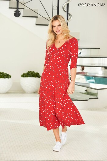 Sosandar Red V-Neck Long Sleeve Midaxi Dress (N59993) | £59