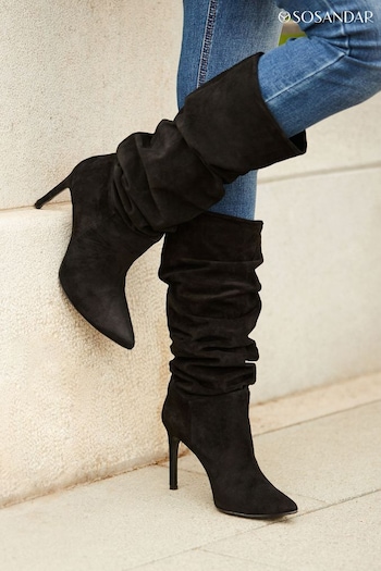 Sosandar Black Suede Heeled Slouch High Leg Boots (N59995) | £155
