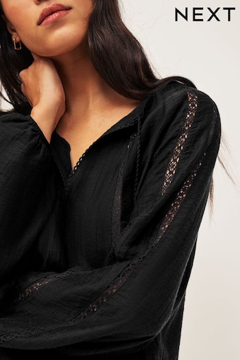Black Textured Long Sleeve V-Neck Blouse (N60064) | £48
