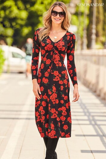 Sosandar Black Ruched Front V-Neck Floral Midi Dress (N60112) | £72