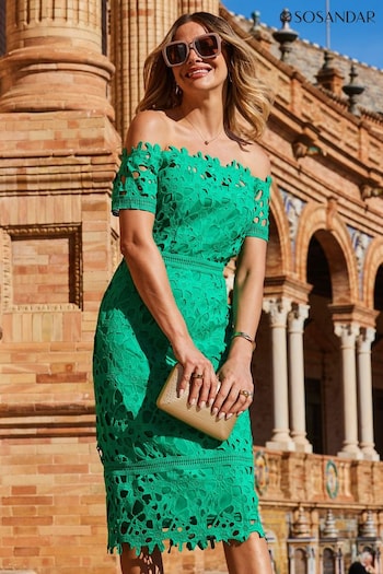 Sosandar Green Bardot Guipure Lace Dress (N60120) | £94