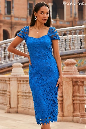 Sosandar Blue Guipure Lace Puff Sleeve Pencil Dress (N60121) | £94