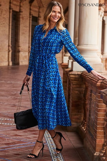 Sosandar Blue Geo Rever Collar Belted Midi Shirt Dress (N60169) | £79
