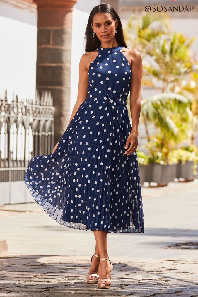 Tan and white polka dot halter neck dress on sale