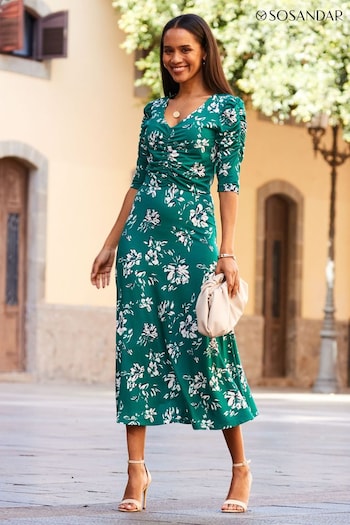 Sosandar Green Front Fit Ruched And Flare Dress (N60219) | £69