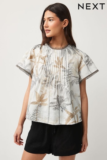 Ecru Palm Print Short Sleeve Pleat Front Blouse (N60275) | £24