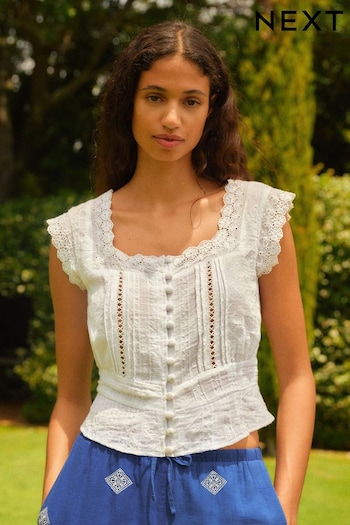 White Short Sleeve Broderie Square Neck Top (N60276) | £30