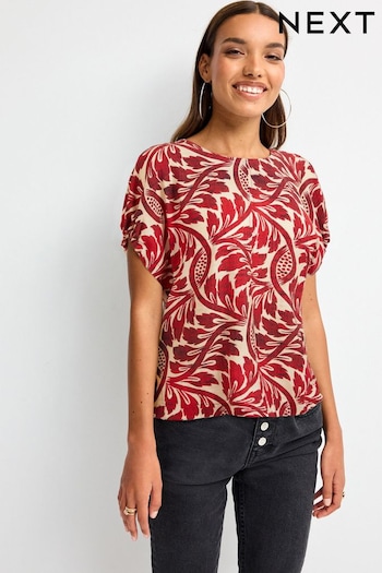 Red/Ecru Leaf Print Gathered Short Sleeve Textured Boxy T-Shirt (N60283) | £22