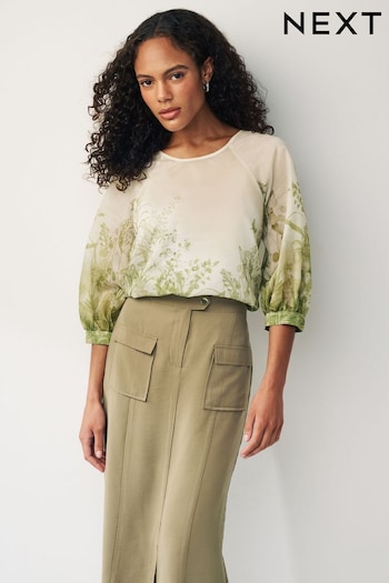 Ecru/ Green Floral Print Sheer Puff Sleeve Blouse (N60292) | £40