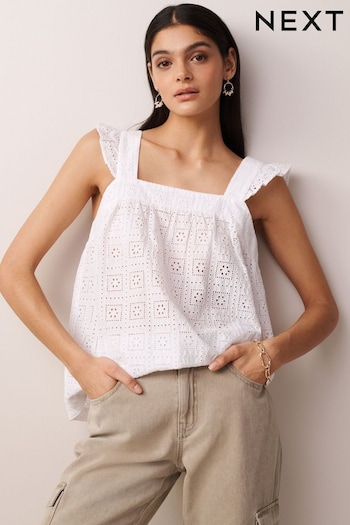 White Broderie Frill Sleeve Embroidered Cami Top (N60297) | £28
