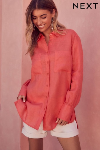 Coral Pink 100% Linen Long Sleeve Shirt Met (N60325) | £42
