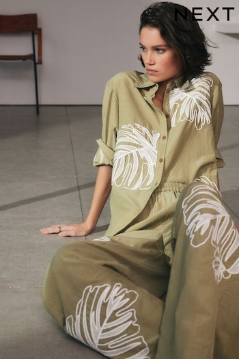 Khaki Green Long Sleeve Embroidered Palm Print Shirt (N60334) | £55