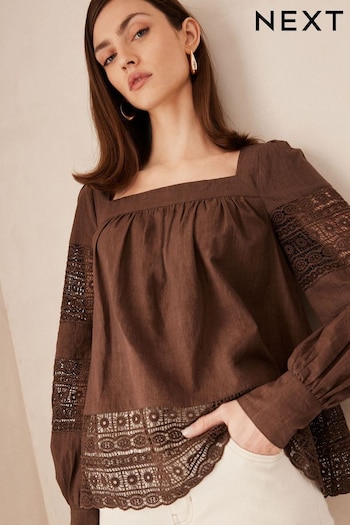 Chocolate Brown Premium Long Sleeve Embroidered Lace Square Neck Blouse (N60342) | £54