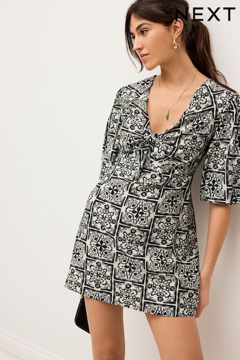 Black/White Tile Tie Front Puff Sleeve Mini Dress (N60349) | £30