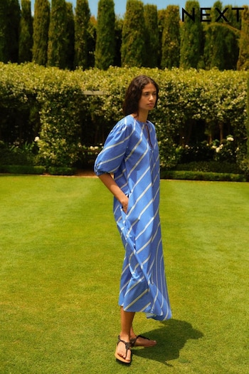 Blue/White Stripe Cotton Poplin Notchneck Puff Sleeve Maxi Dress (N60354) | £46