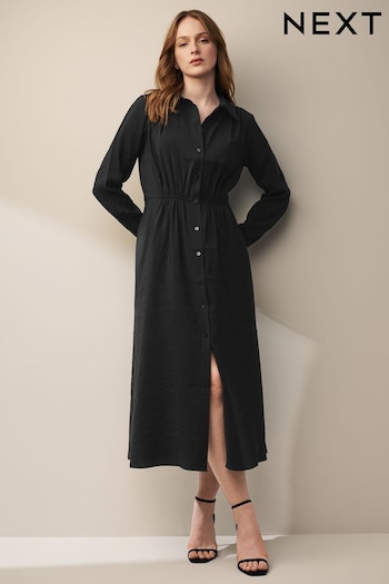 Black Long Sleeve Button Through Elastic Waist Midi Shirt Dress (N60356) | £46