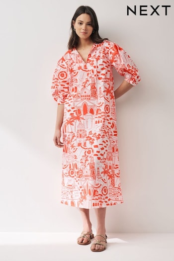 Red/White Scenic Print Cotton Poplin Notchneck Puff Sleeve Maxi Dress (N60359) | £46