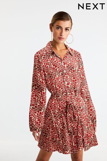 Red/Ecru Leaf Print Tie Belt Mini Shirt Dress (N60361) | £28