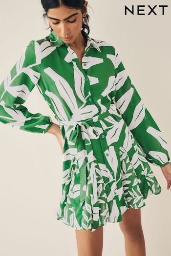 Khaki Green and White Leaf Print Mini Belted Shirt skirt Dress (N60375) | £28