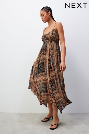 Brown/Black Tile Print Tie Front Cami Midi Dress (N60381) | £44