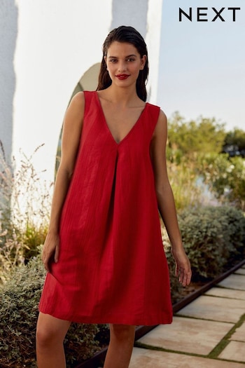 Red Linen Blend V-Neck Summer Mini Dress (N60383) | £38