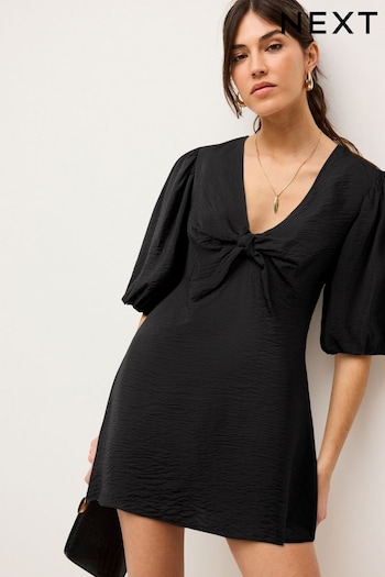 Black Tie Front Puff Sleeve Mini Dress (N60384) | £28