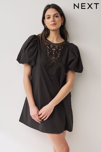 Black 100% Cotton Poplin Puff Sleeve Crochet Insert Mini Dress (N60386) | £32