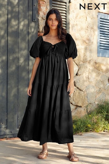 Black Puff Sleeve Halter Neck Midi Dress (N60387) | £44