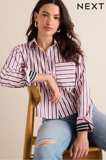 Burgundy Red Stripe Long Sleeve Cotton Cropped Shirt (N60406) | £36