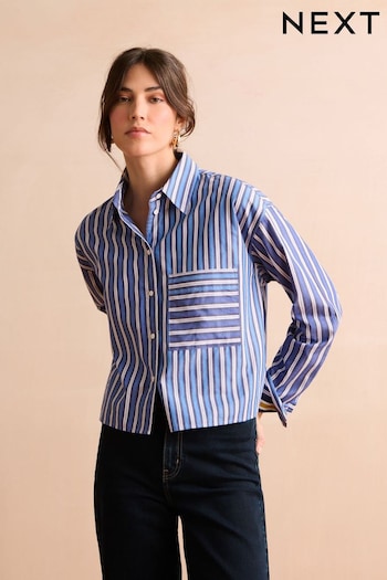 Blue/White Stripe Long Sleeve Cotton Cropped Shirt (N60408) | £36
