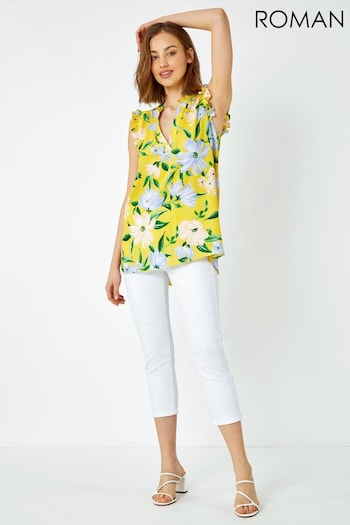 Roman Yellow Floral Print Sleeveless Ruffle Top (N60464) | £28