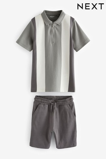 Grey/White Zip Neck Polo Shirt And Shorts Set (3-16yrs) (N60475) | £19 - £27