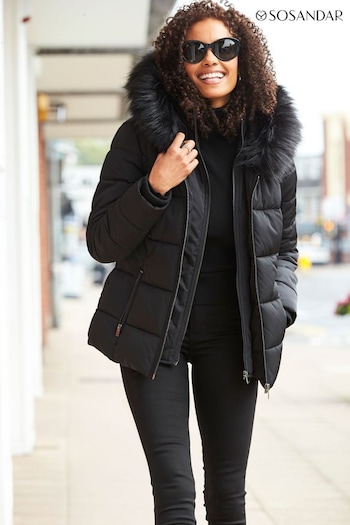 Sosandar Black Faux Fur Trim Luxe Padded Coat (N60509) | £104