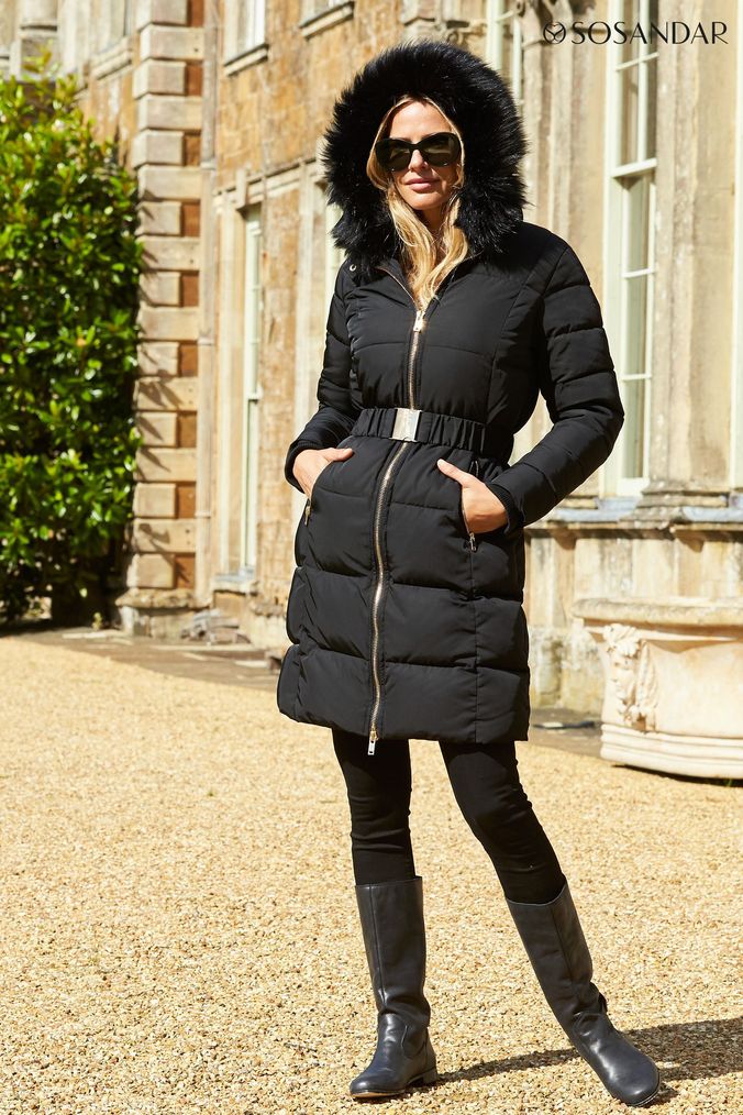 Mustard coat with store black fur hood