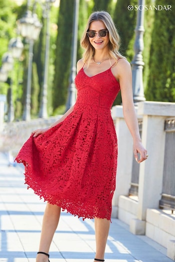 Sosandar Red Guipure Lace Strappy Fit And Flare Dress (N60544) | £89