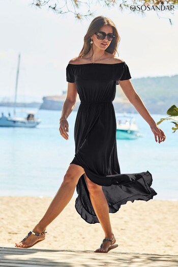 Sosandar Black Ruffle Detail Side Split Bardot Dress (N60605) | £59