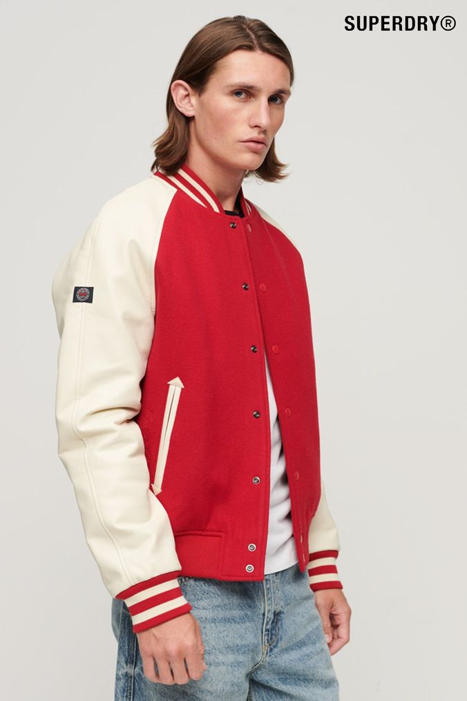 Red and white hotsell bomber jacket mens