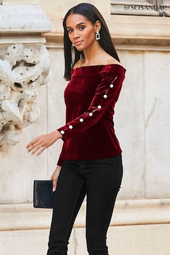 Sosandar Red Velvet Embellished Sleeve Bardot Top (N61007) | £54