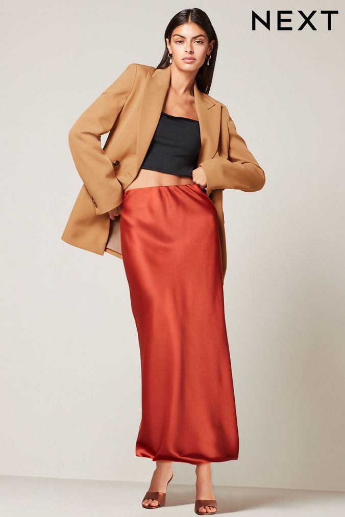 Rust satin maxi skirt top