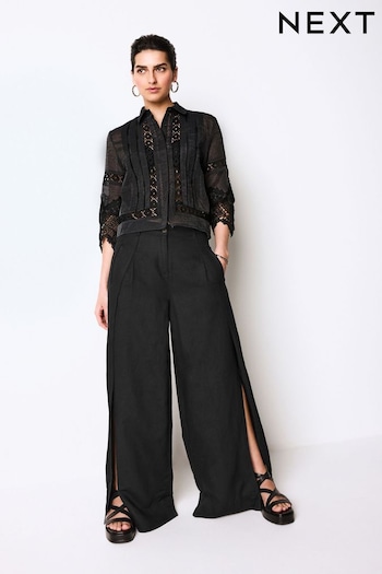 Black Linen Blend Wrap Wide Alexandria Trousers (N61090) | £42